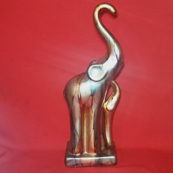 Gold Glazed Elephant Mom Baby Figurine Sculpture Long Legs Free Standing Statue - Picture 1 of 13